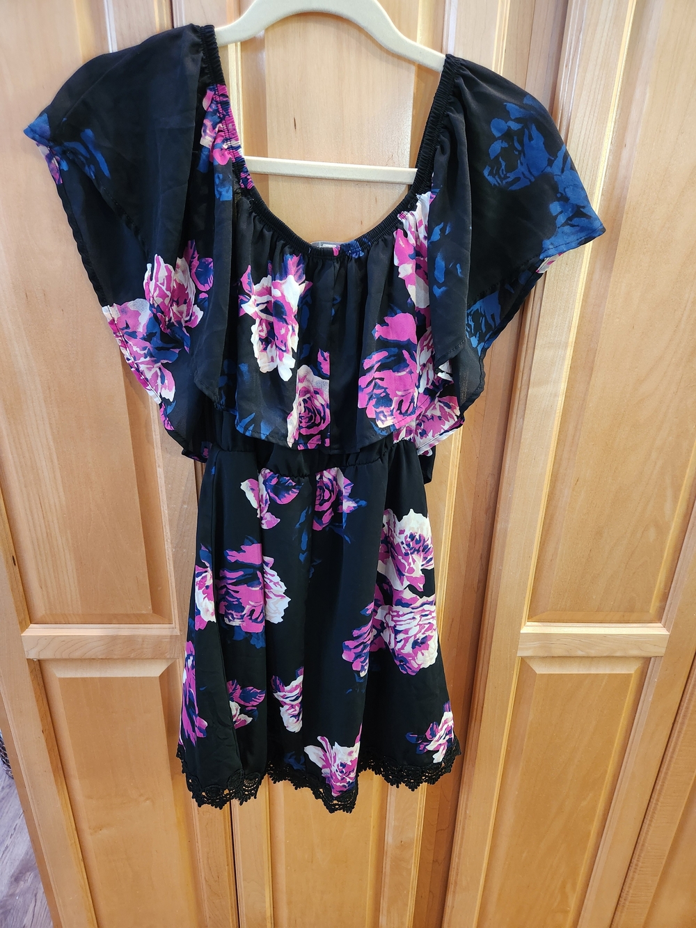 Charlotte Russe Black Mini Dress with Pink & Blue Floral Print
